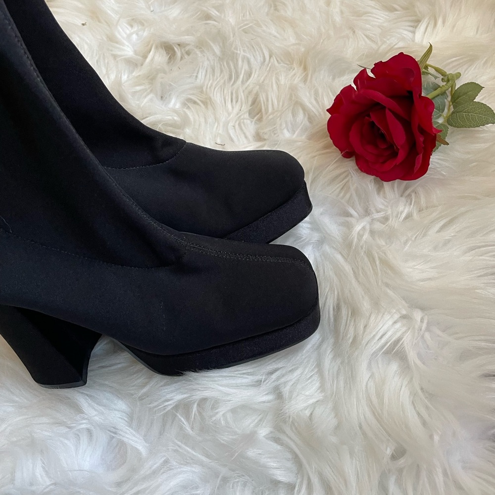 Vintage 90s  Grunge Square Toe stretch fabric/Sock knee-high boots - Picture 8 of 16
